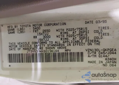 1995 Toyota 4Runner Vn39 Sr5 из США, поврежденный, VIN JT3VN39WXS0196164